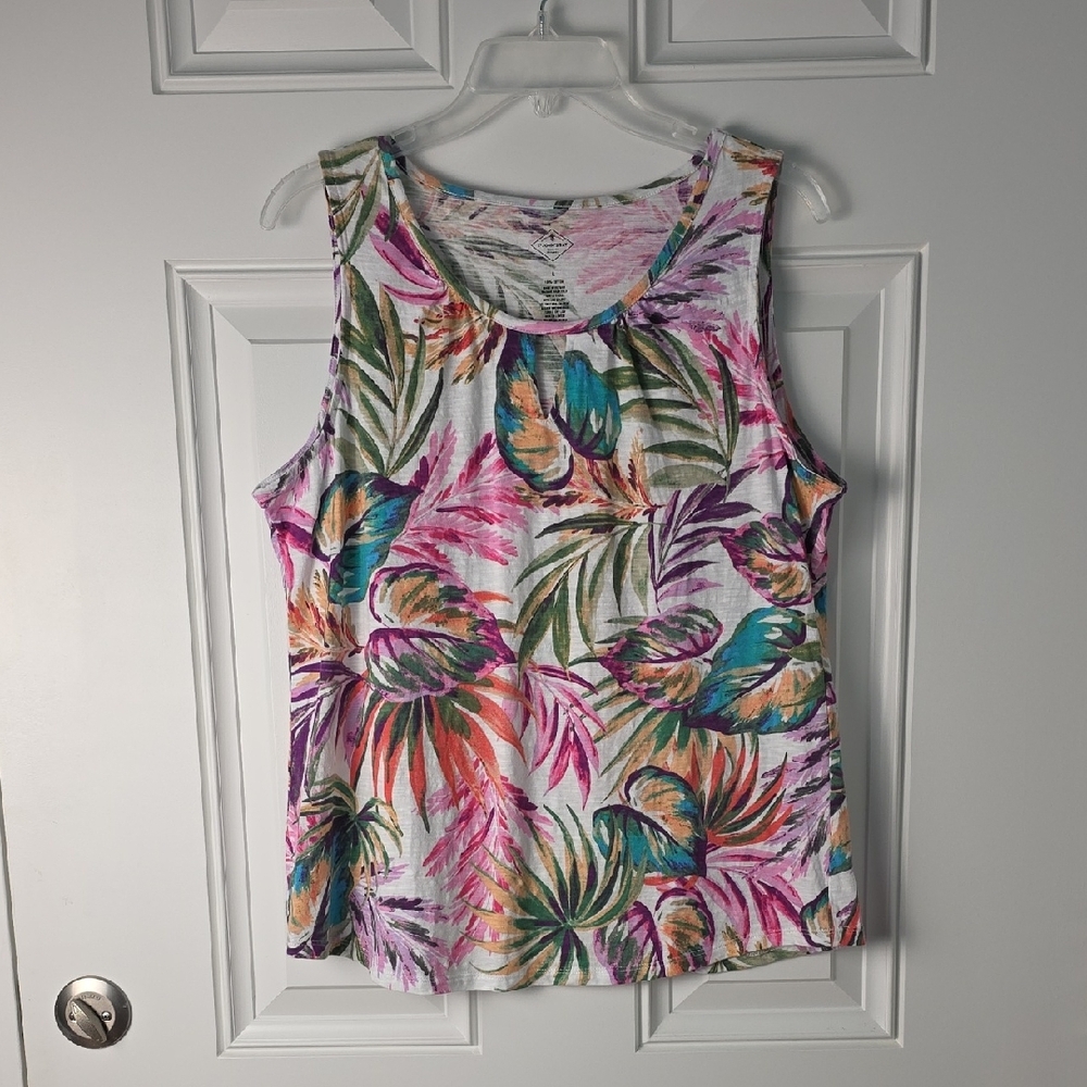 St. John's Bay Tropical Leaf Print Cotton Tank Top.  Size Large